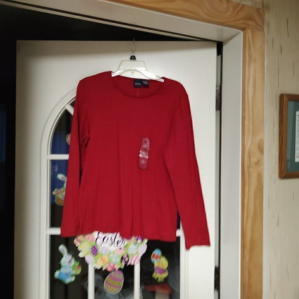 New Basic Editions Red Glitter Long Sleeve Tee Women's L